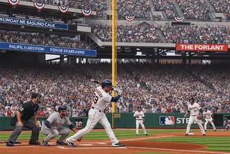 A Major League Baseball player swings at the pitch in a packed stadium, with fans cheering and festive bunting displayed prominently.